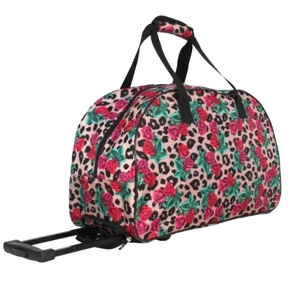 NEW Betsey Johnson Leopard Rose Wheeled Duffel Bag Suitcase Strap 22 x 9 x 13" - Picture 3 of 14